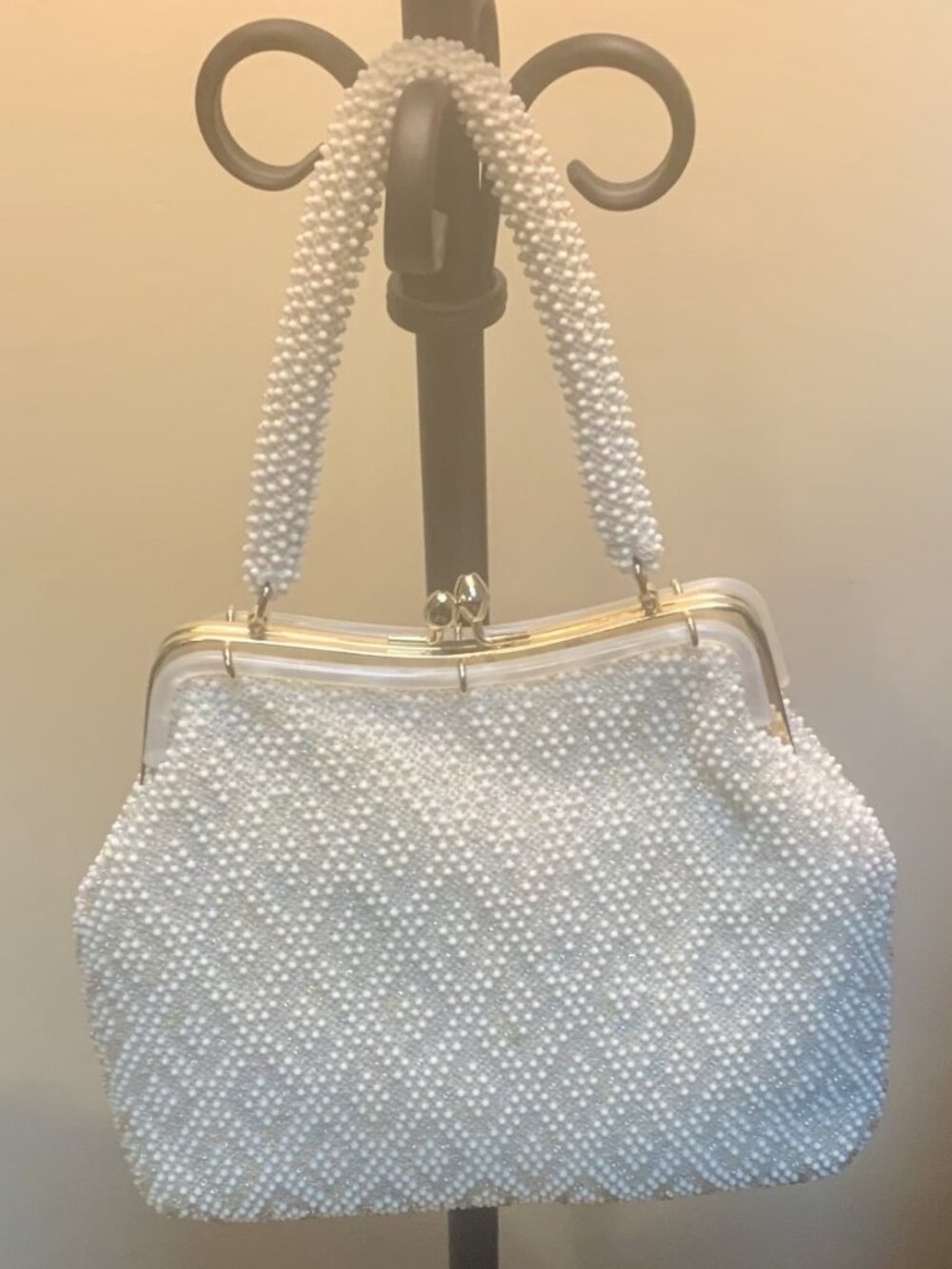 Vintage Glass-Beaded Handbag Purse Cream White - Hand Made in Hong Kong 1950s